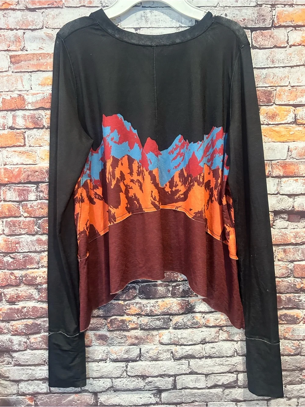 Free Propke Women's Black Long-Sleeve oversized Top Mountain Graphic
